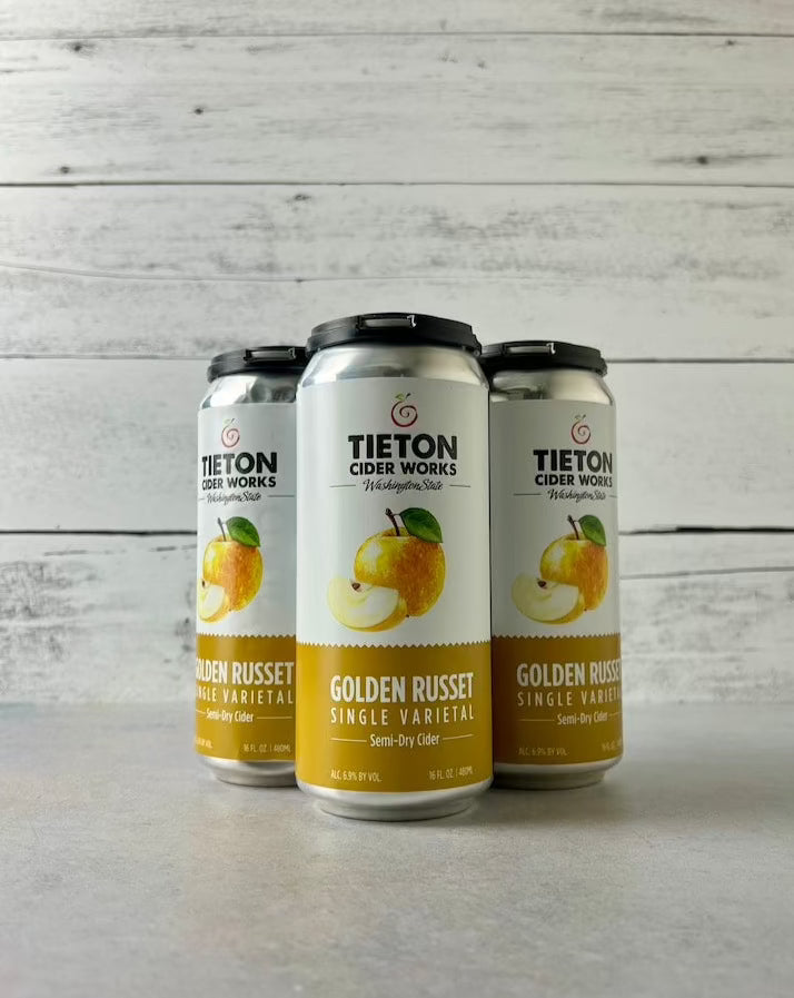 4-pack of 16 oz cans of Tieton Cider Works Golden Russet Single Varietal - Semi-Dry Cider