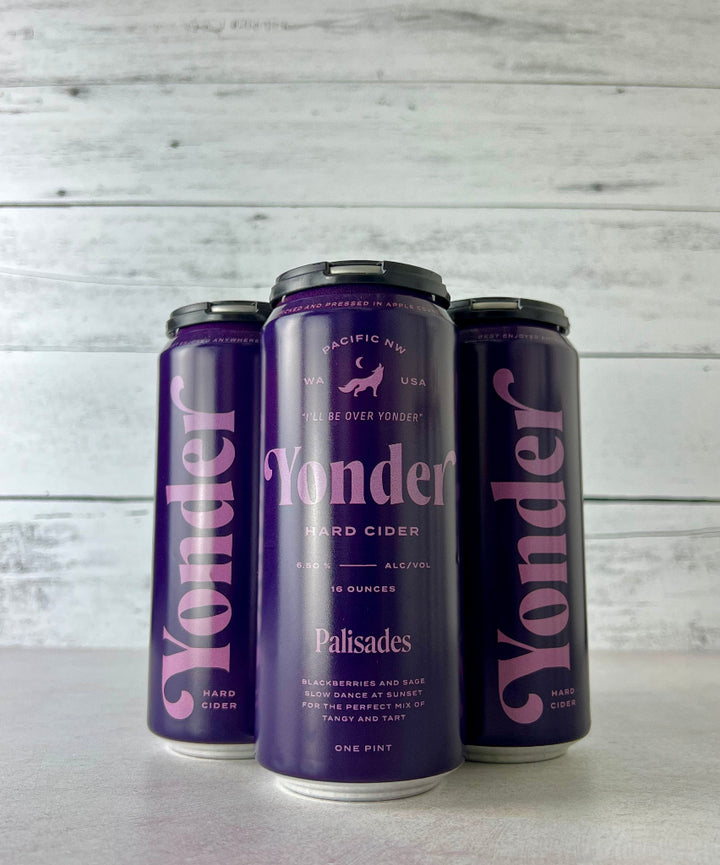 4-pack of 16 oz cans of Yonder Palisades Cider in a dark purple can - Blackberries and Sage