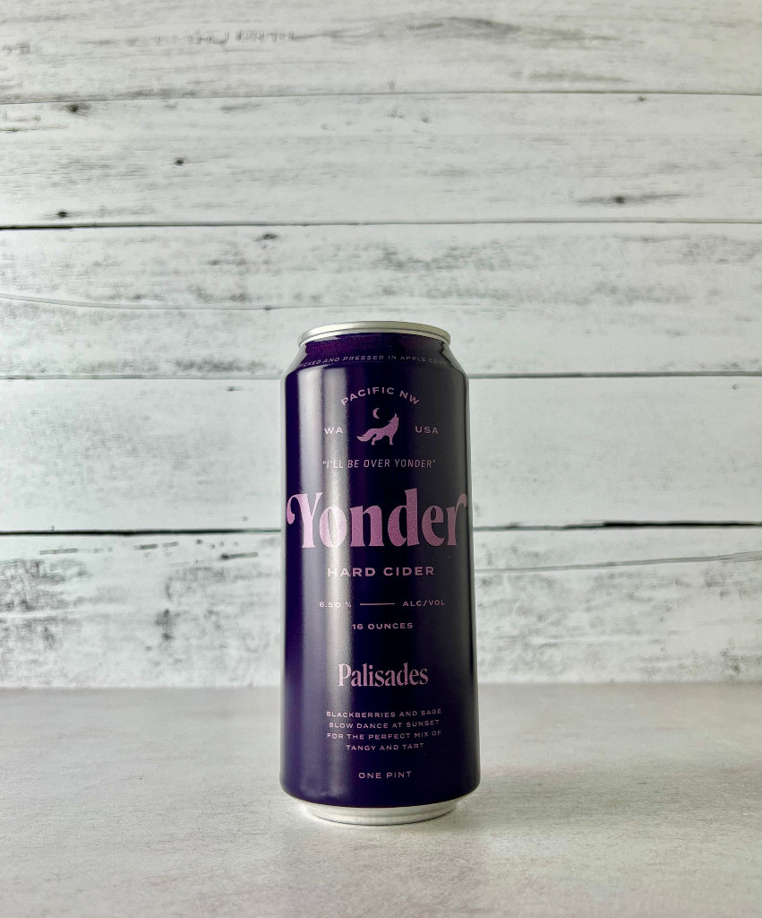 16 oz can of Yonder Palisades Cider in a dark purple can - Blackberries and Sage