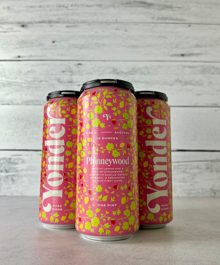 4-pack of 16 oz cans of Yonder Phinneywood Cider with a bright pink with green floral graphic 
