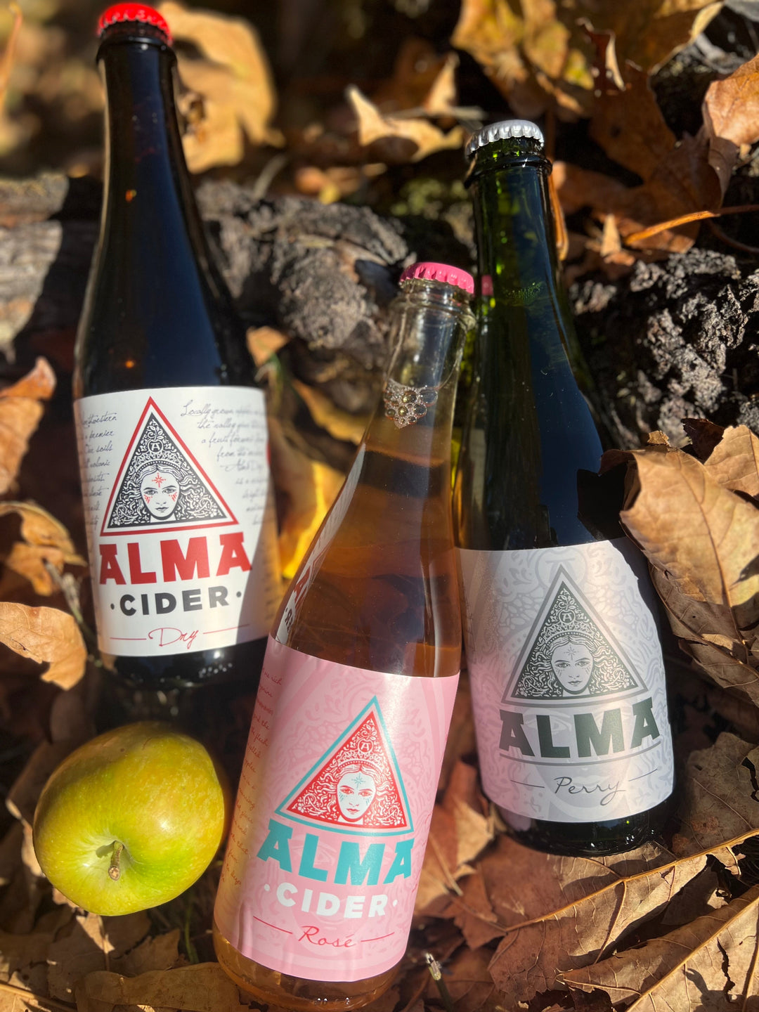 3 bottles of Alma Cider and one Arlie Red-Fleshed apple in a bed of fallen leaves