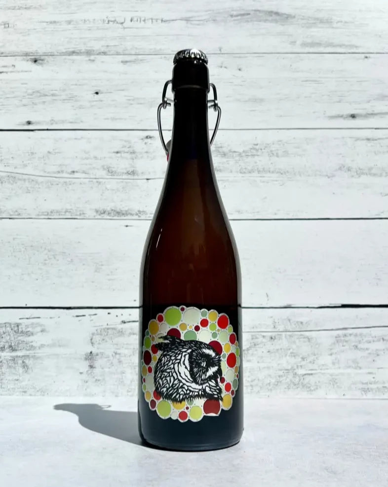 750 mL bottle of Art + Science Little Apples cider with artwork of an owl on front label