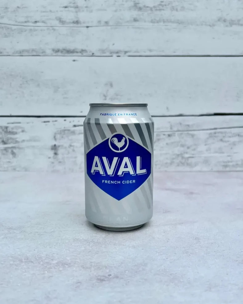 12 oz silver and blue can of Aval French Cider - Blanc