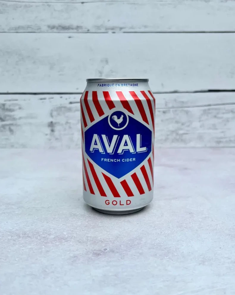 12 oz red and blue can of Aval French Cider - Gold