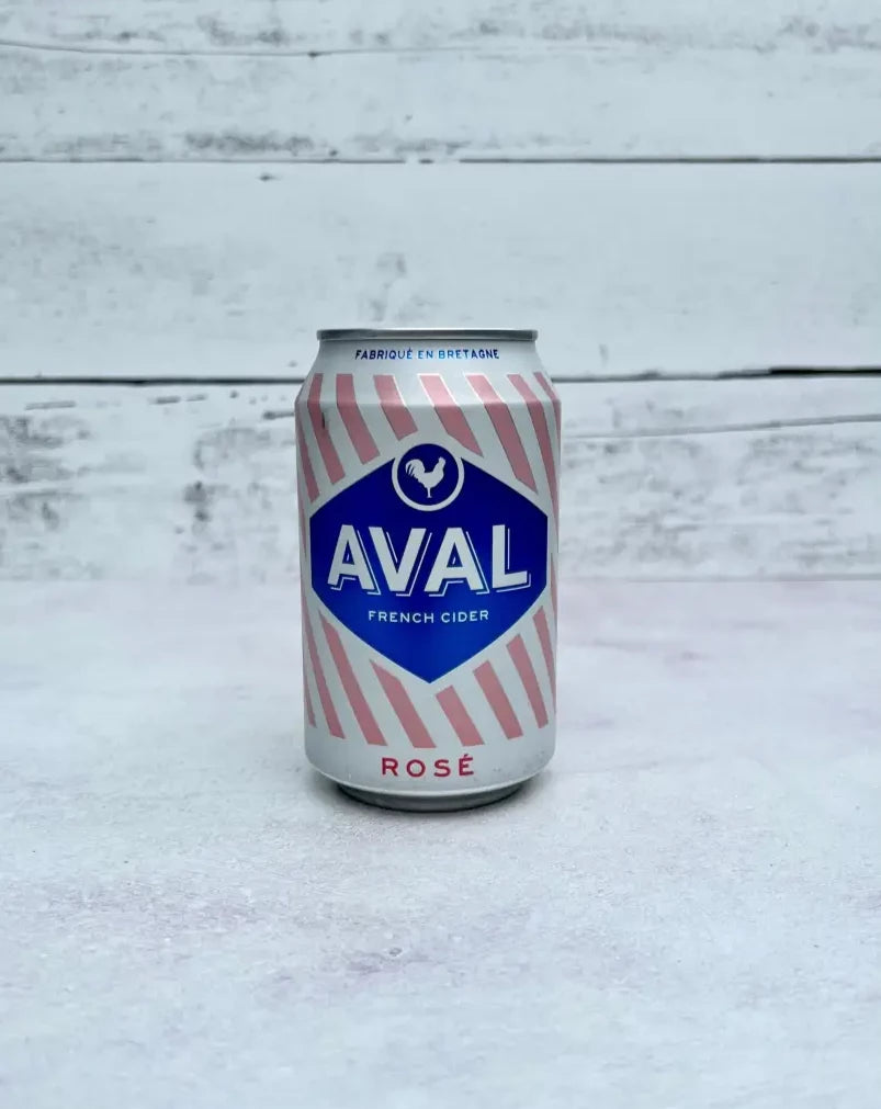 12 oz pink and blue can of Aval French Cider - Rosé