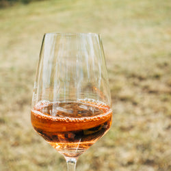 Wine glass with pink cider. Grass in foreground
