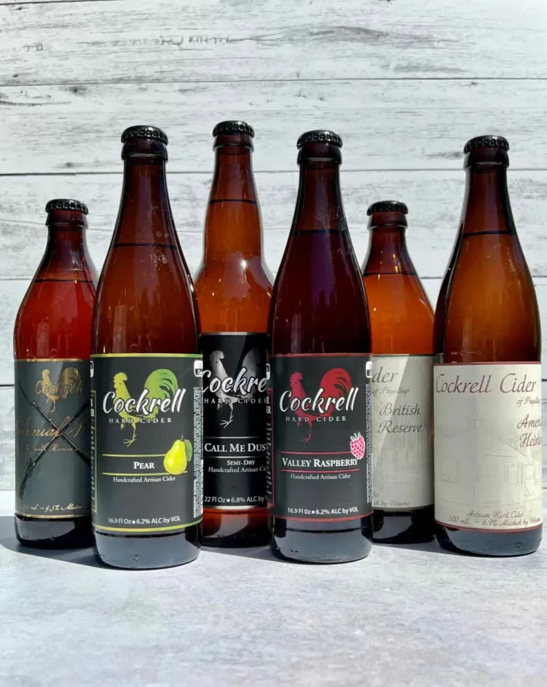 6 bottles of various cider from Cockrell Cider - Pear, Valley Raspberry, American Heirloom, British Reserve, Colonial Winter