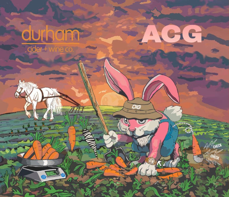 Comic-style advertisement for Durham AGG sparkling cider with a cartoon rabbit character in a field.