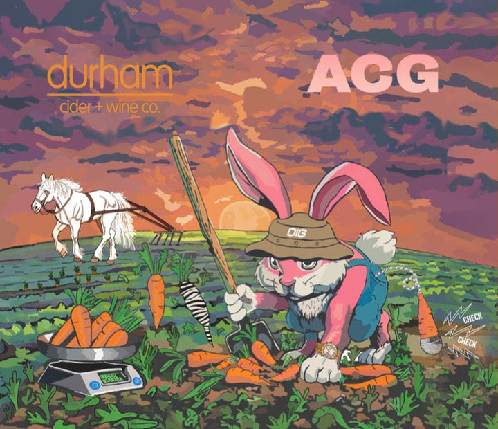 Comic-style advertisement for Durham AGG sparkling cider with a cartoon rabbit character in a field.
