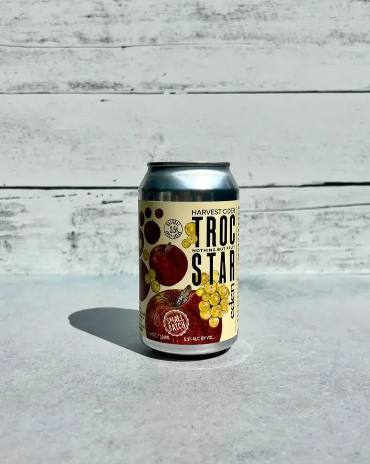 12 oz can of Eden Harvest Cider Troc Star small batch cider wine coferment