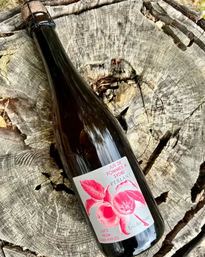 Photo of a 750 mL bottle of Eric Bordelet Perlant juice on top of a stump - Jus de Pommes A Sydre - Juice from Apples - non-alcoholic sparkling sweet cider