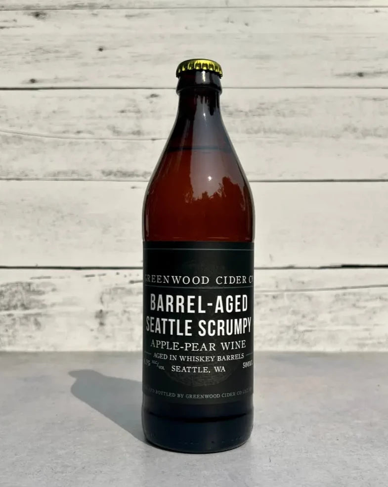 500 mL bottle of Greenwood Cider Barrel-Aged Seattle Scrumpy - Apple-Pear Wine Aged in Whiskey Barrels - Seattle, WA
