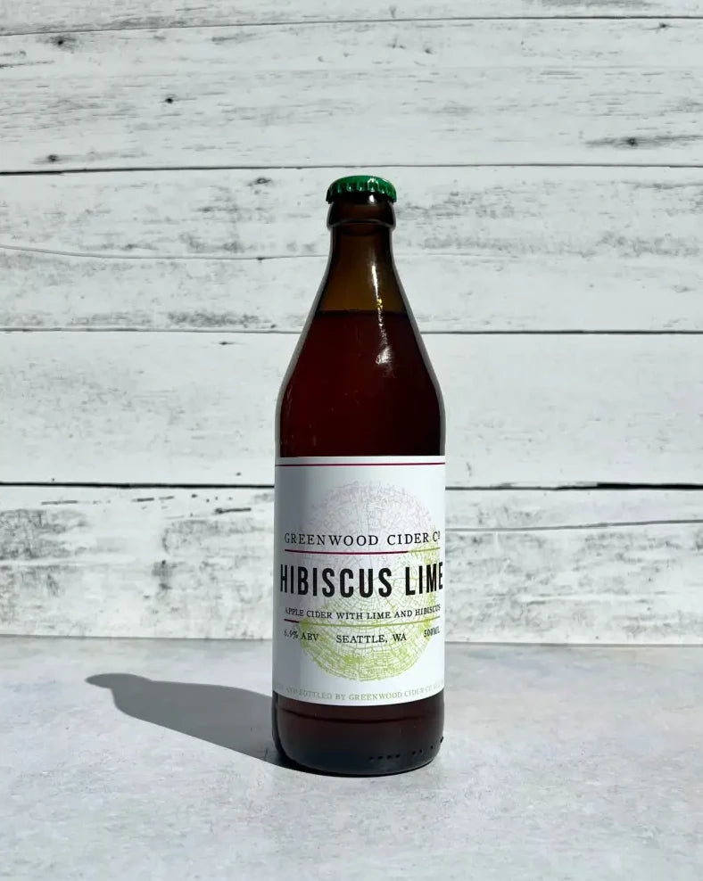 500 mL bottle of Greenwood Cider Hibiscus Lime - Apple Cider with Lime and Hibiscus