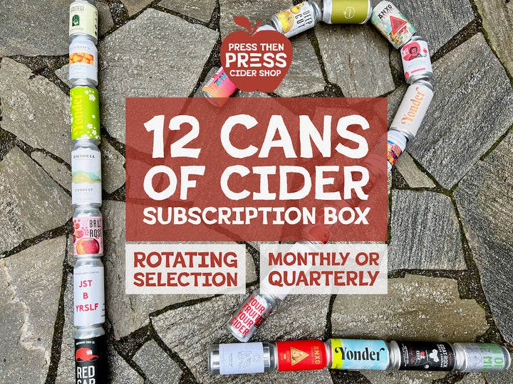 Multiple cans of cider laid out to depict the number 12. Overlay text states, "12 cans of cider subscription box. Rotating Selection. Monthly or Quarterly."