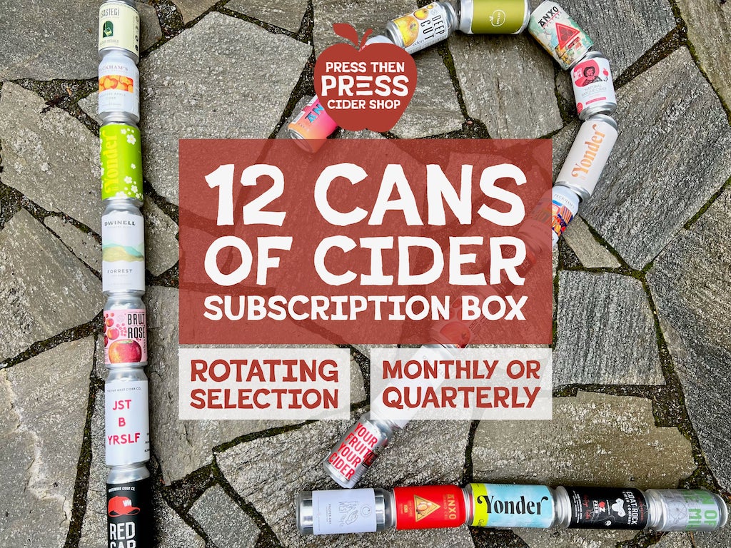 Multiple cans of cider laid out to depict the number 12. Overlay text states, "12 cans of cider subscription box. Rotating Selection. Monthly or Quarterly."