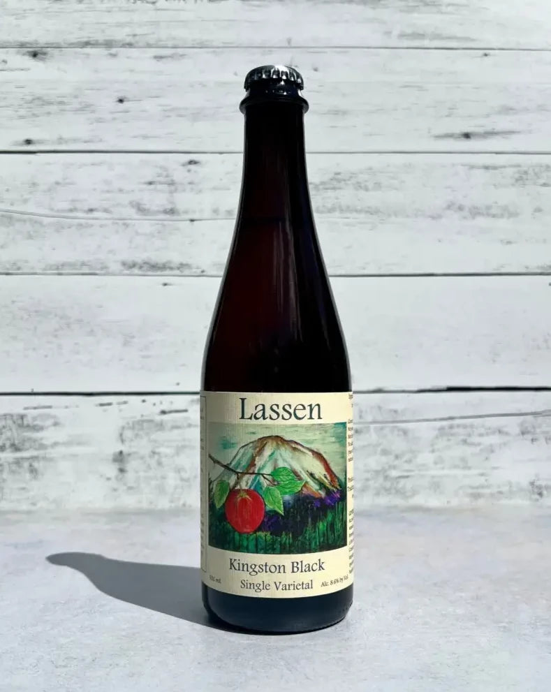 500 mL bottle of Lassen Kingston Black Single Varietal cider