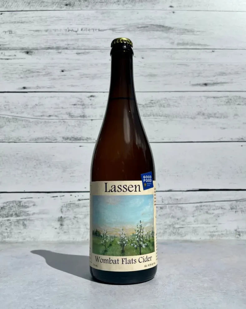 750 mL bottle of Lassen Wombat Flats Cider with a blue Good Food Awards Winner sticker