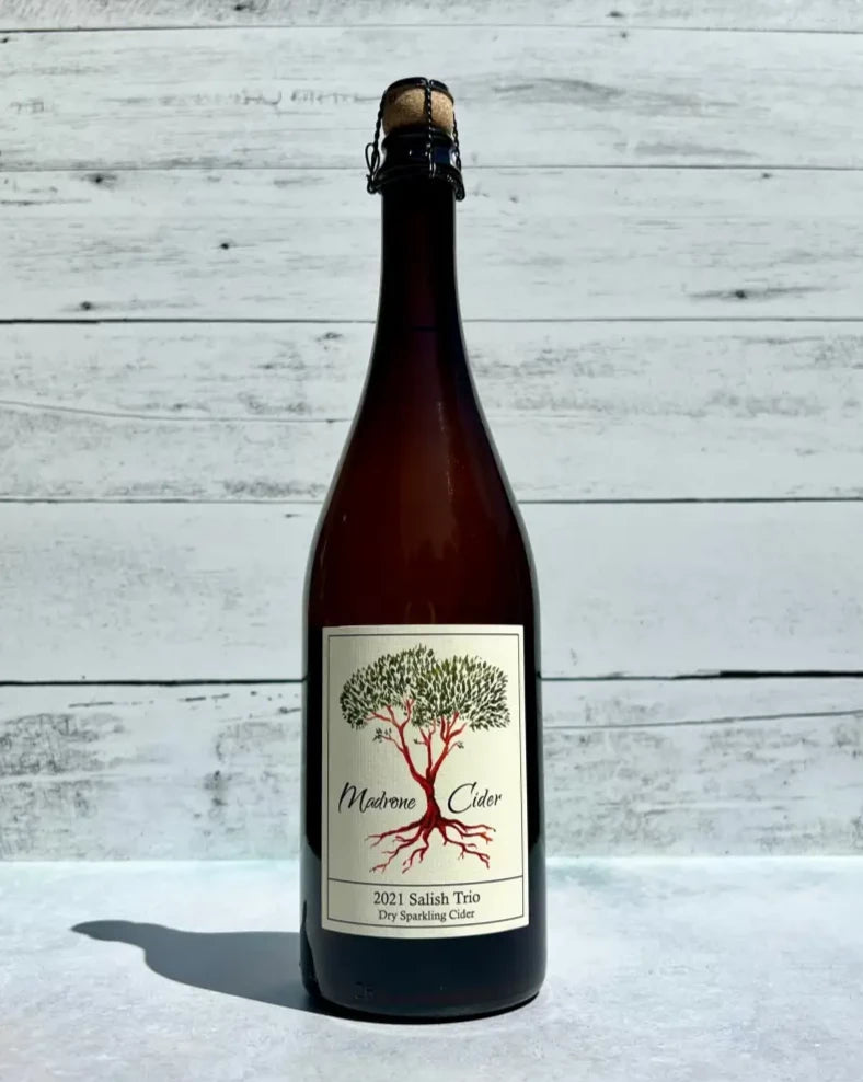 750 mL bottle of Madrone Cider 2021 Salish Trio - Dry Sparkling Cider with cork and cage