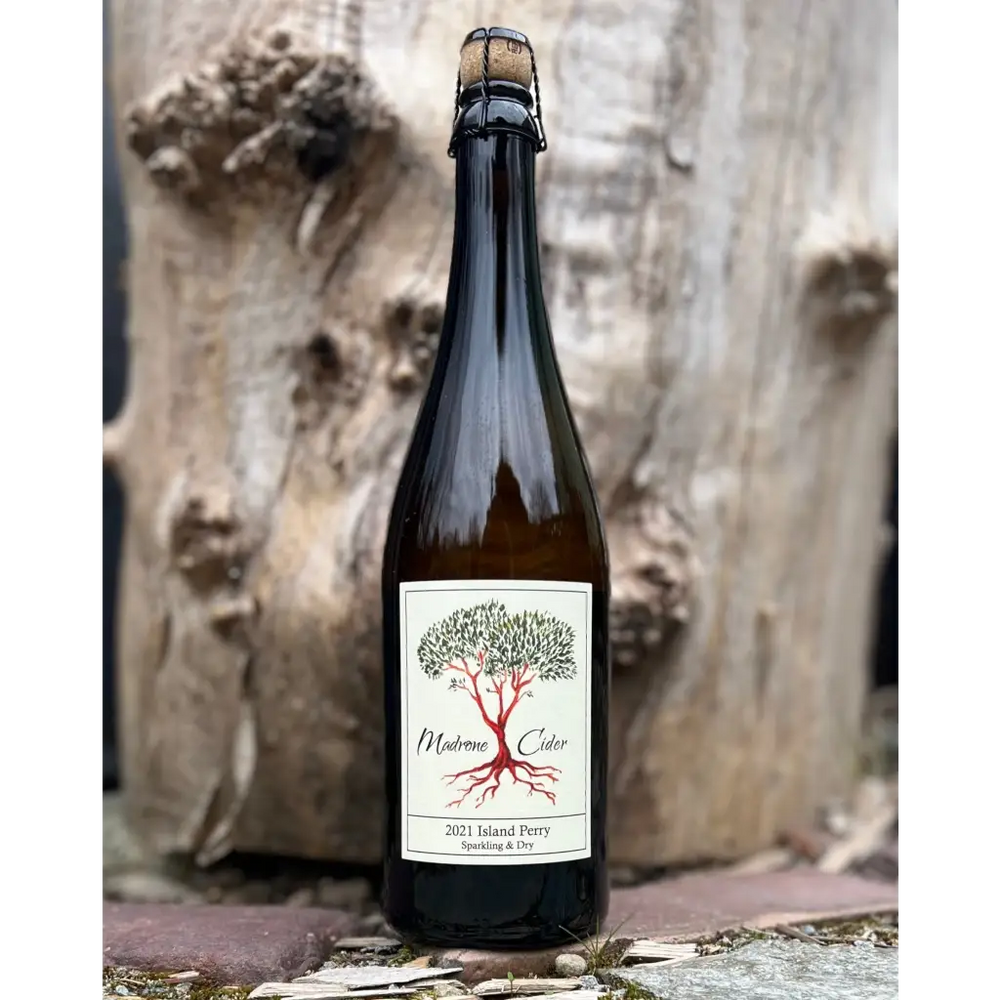 Madrone Cider 2021 Island Perry in a brown cork and caged bottle