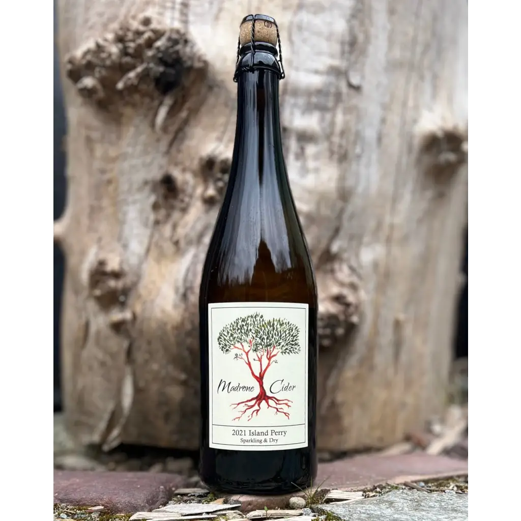 Madrone Cider 2021 Island Perry in a brown cork and caged bottle