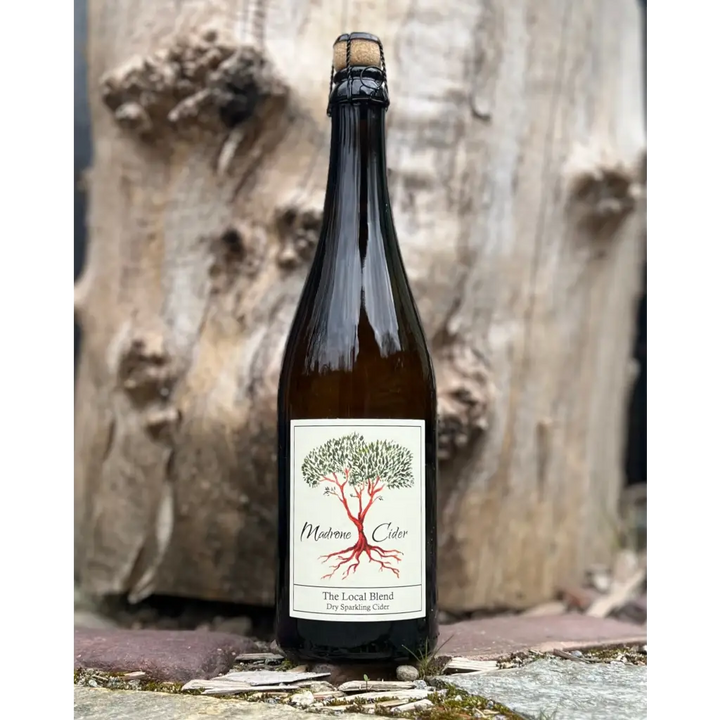 Madrone Cider The Local Blend sparkling cider in a brown bottle with cork and cage