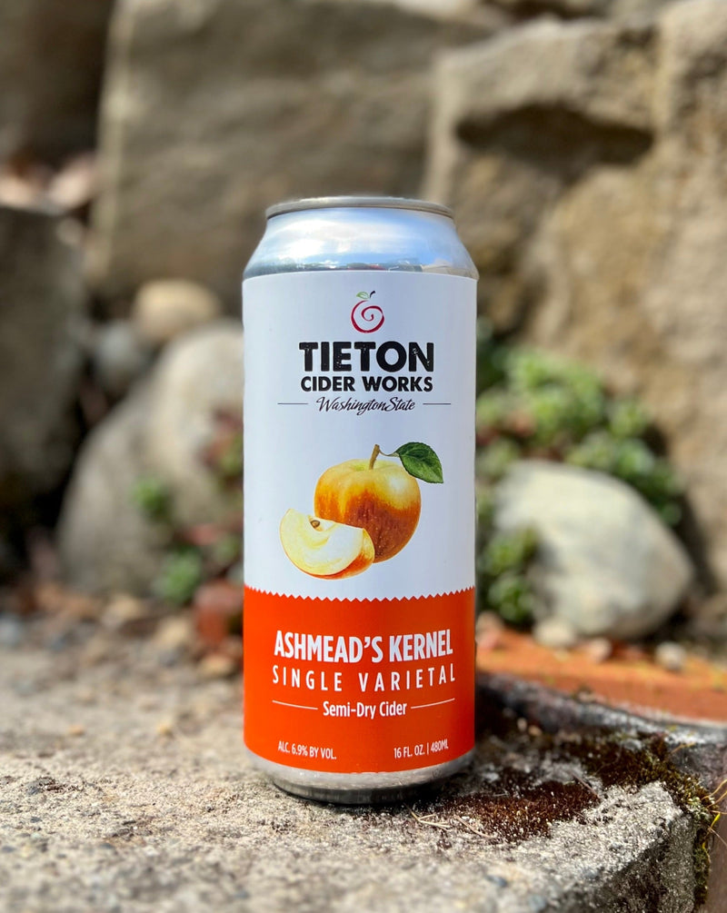 16 oz can of Tieton Cider Works Ashmead's Kernel Single Varietal Semi-Dry Cider