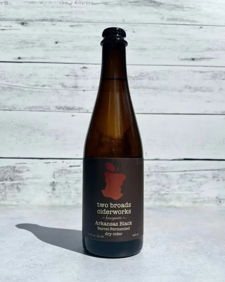 500 mL bottle of two broads ciderworks Arkansas Black Barrel-Fermented dry cider