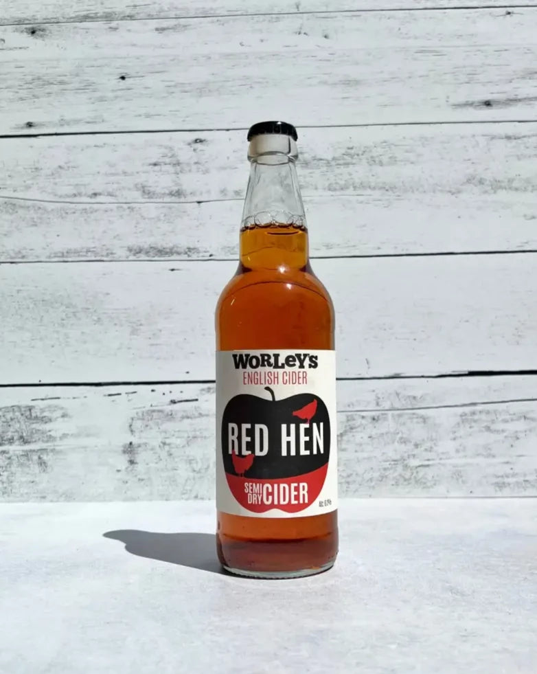 500 mL bottle of Worley's English Cider Red Hen Semi-Dry Cider